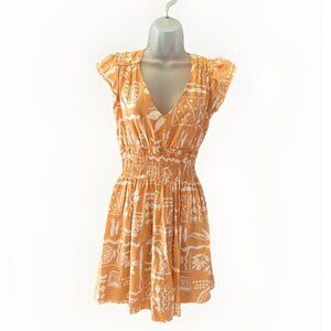 Blu Pepper Bohemian Mini Dress Size Large V-Neck Smocked Waist Tan & White